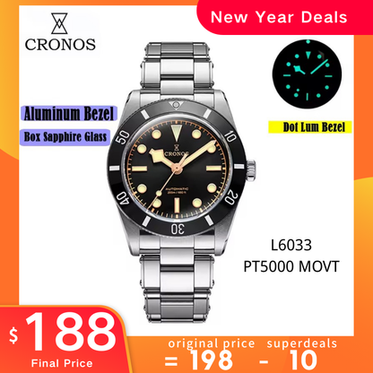 Cronos 37mm BB54 Vintage Diver Automatic Watches L6033-lid sapphire glass