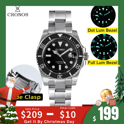 ★Xmas Sale★Cronos Water Ghost Luxury Dive Watch PT5000 Movement L6005-with Calendar