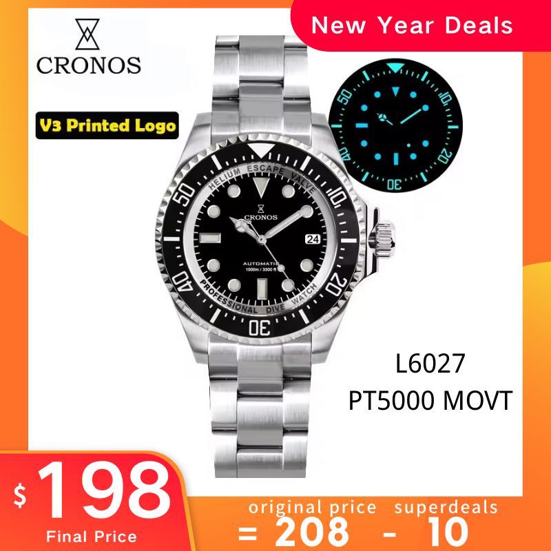 Cronos 44mm Sub Diver Watch PT/SW Movement L6027