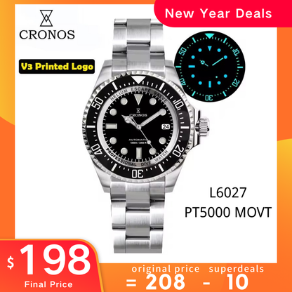 Cronos 44mm Sub Diver Watch PT/SW Movement L6027