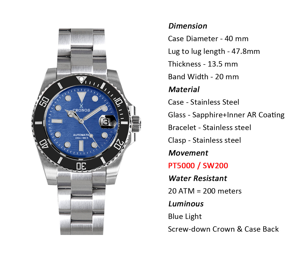 Cronos Water Ghost Luxury Dive Watch L6005 PT5000 movement with Calendar-Special Dial Patterm