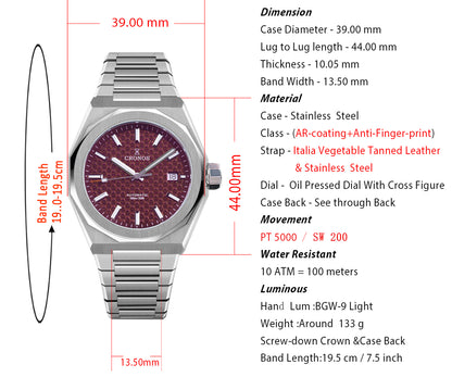 ★★US Warehouse★★Cronos 39mm Hourglass Dial PT5000 Men Watch L6028