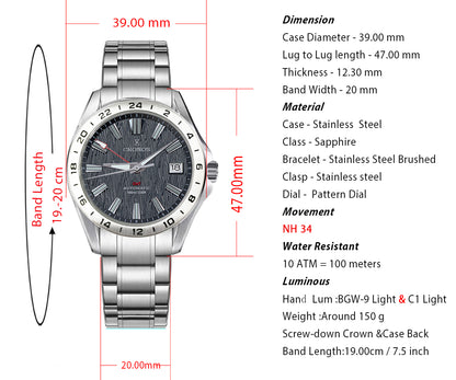 Cronos 39mm GMT NH34 Mechanical Men Watch L6029 V2