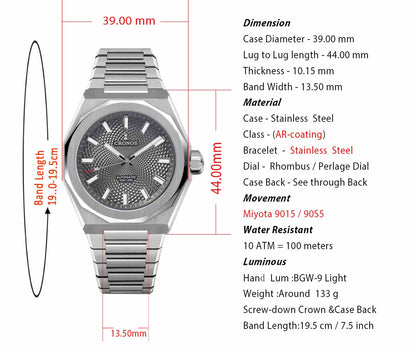 Cronos 39mm Miyota 9015/9s05  Men Watch L6038