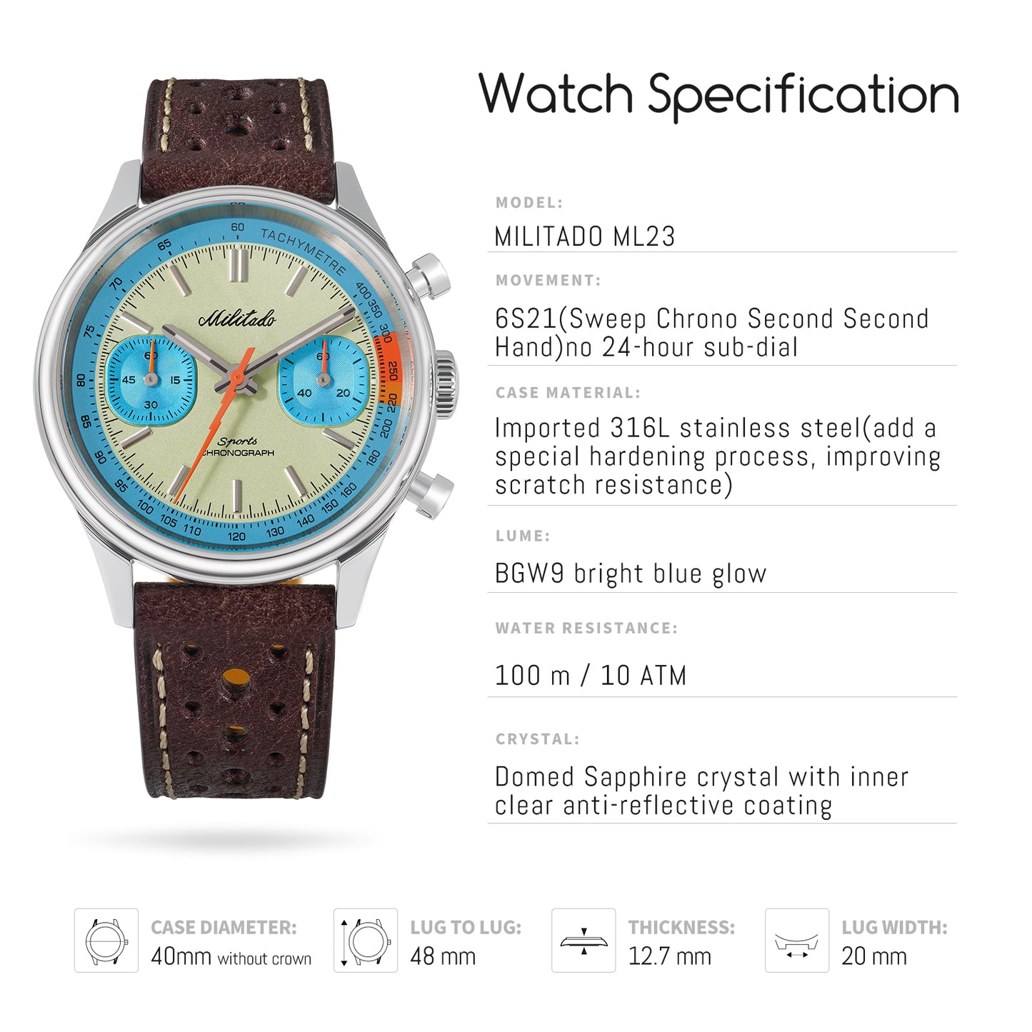 Militado Miyota 6S21 Chronograph Watch 40mm Men Watch ML23