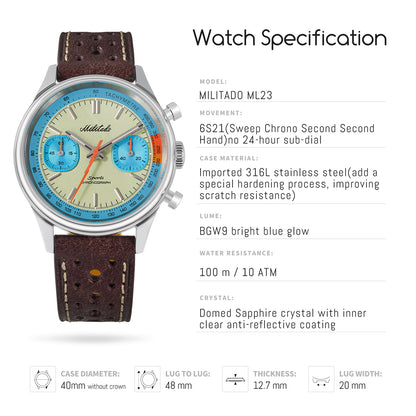 Militado Miyota 6S21 Chronograph Watch 40mm Men Watch ML23