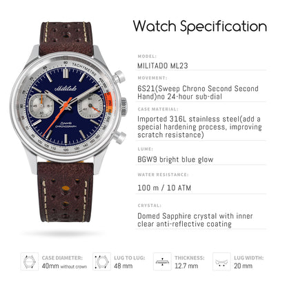 Militado Miyota 6S21 Chronograph Watch 40mm Men Watch ML23