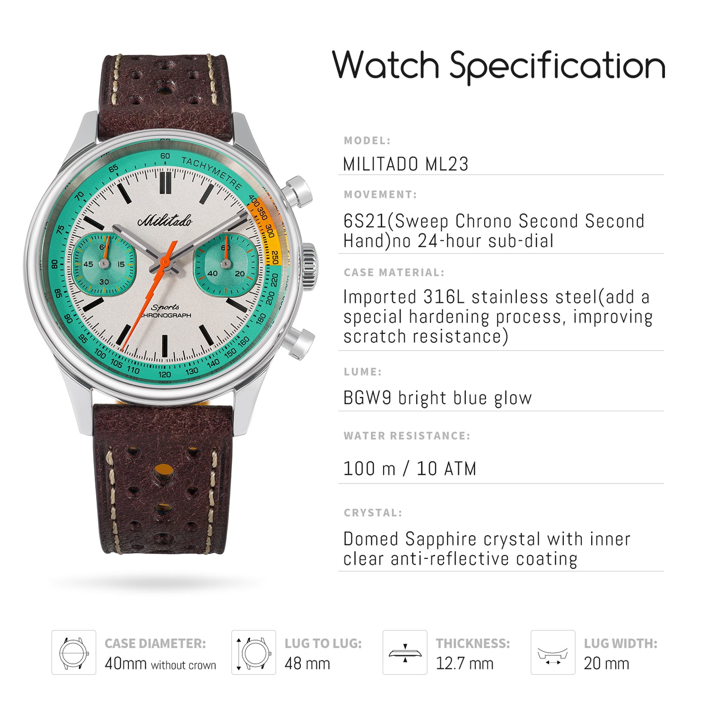 Militado Miyota 6S21 Chronograph Watch 40mm Men Watch ML23