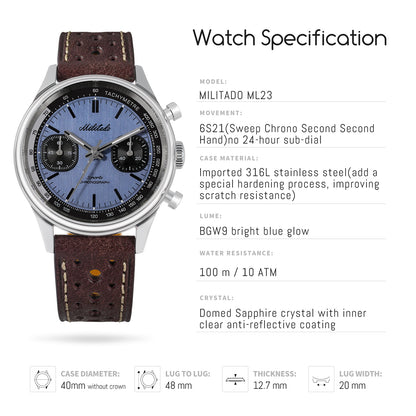 Militado Miyota 6S21 Chronograph Watch 40mm Men Watch ML23