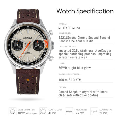 Militado Miyota 6S21 Chronograph Watch 40mm Men Watch ML23