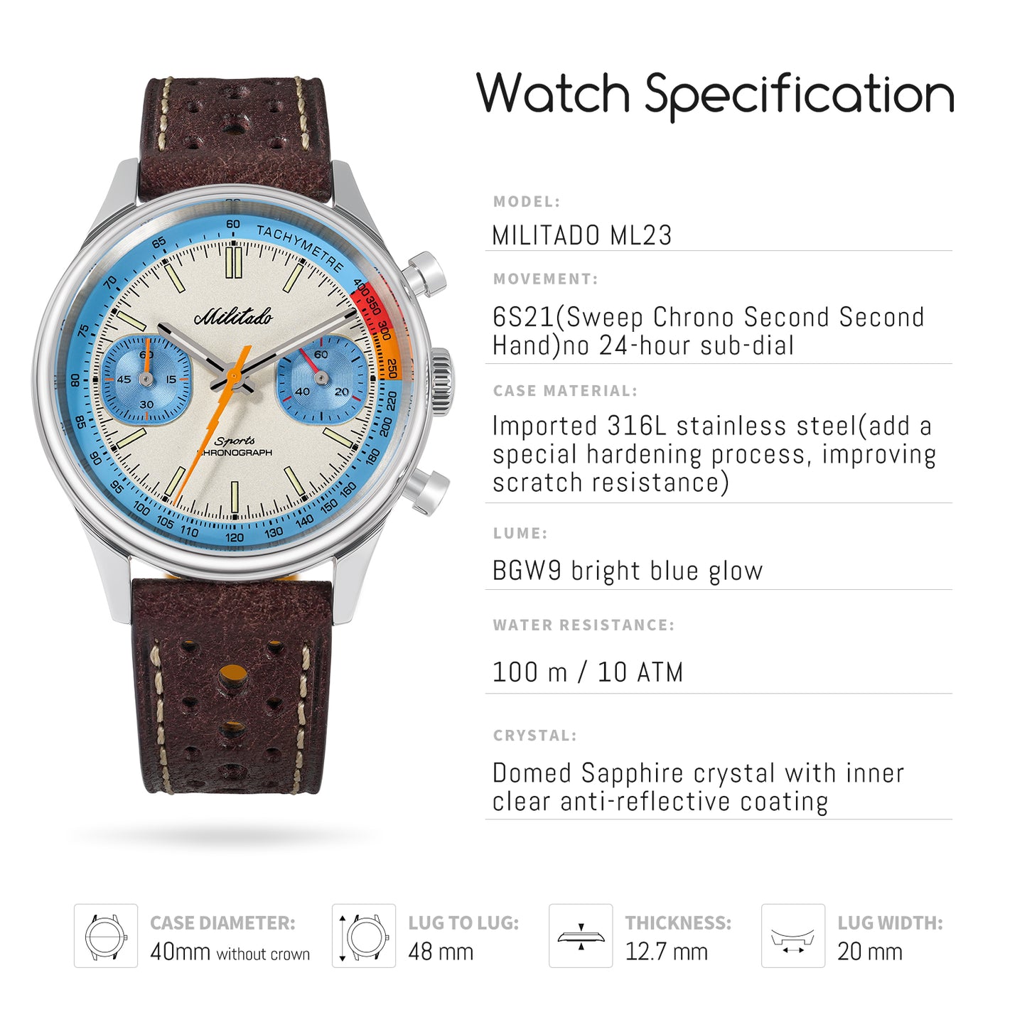 Militado Miyota 6S21 Chronograph Watch 40mm Men Watch ML23