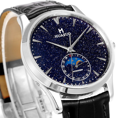 HUASUO 39mm Luxury Aventurine Moon Phase Men's Watches