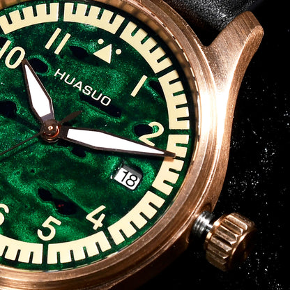 HUASUO 38mm Luxury Bronze Lacquerware Pilot Men's Watch