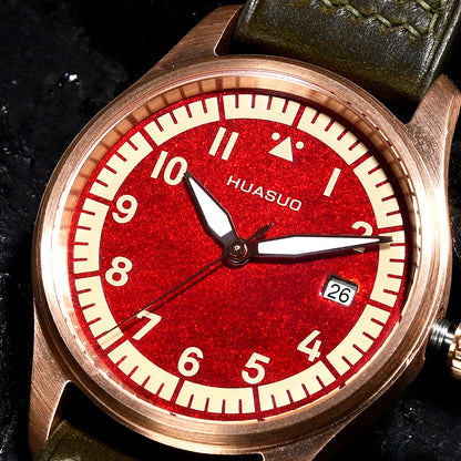 HUASUO 38mm Luxury Bronze Lacquerware Pilot Men's Watch