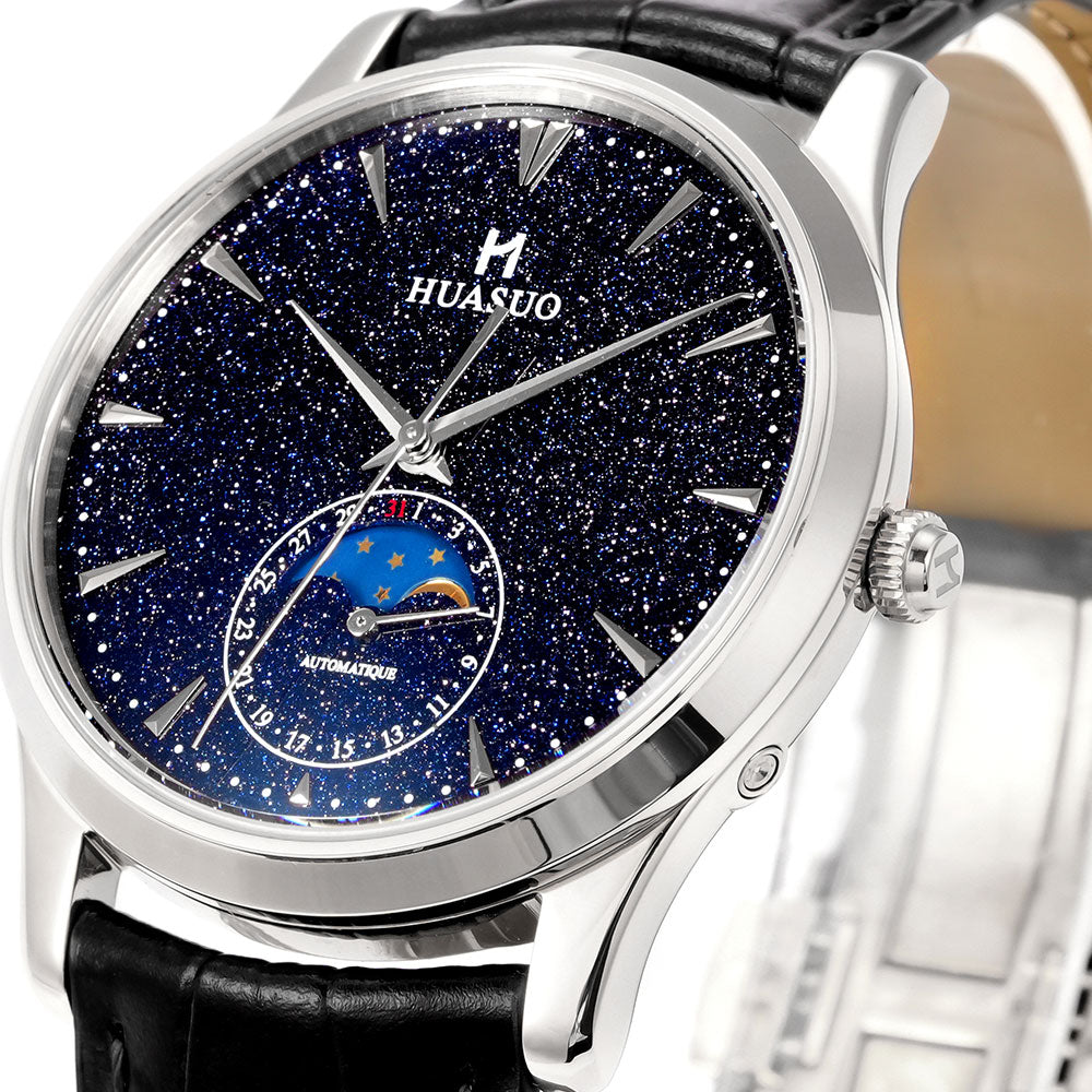 HUASUO 39mm Luxury Aventurine Moon Phase Men's Watches
