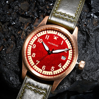 HUASUO 38mm Luxury Bronze Lacquerware Pilot Men's Watch