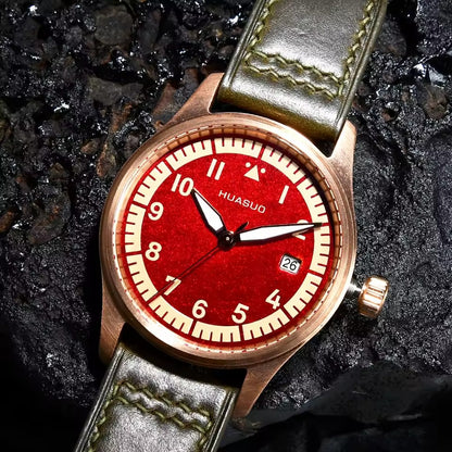 HUASUO 38mm Luxury Bronze Lacquerware Pilot Men's Watch