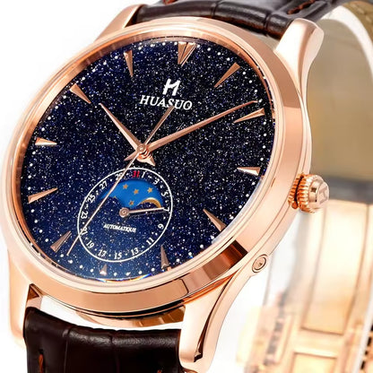 HUASUO 39mm Luxury Aventurine Moon Phase Men's Watches