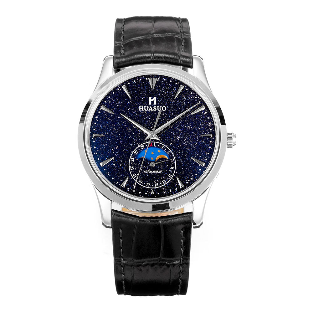 HUASUO 39mm Luxury Aventurine Moon Phase Men's Watches