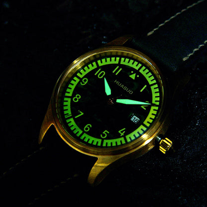 HUASUO 38mm Luxury Bronze Lacquerware Pilot Men's Watch