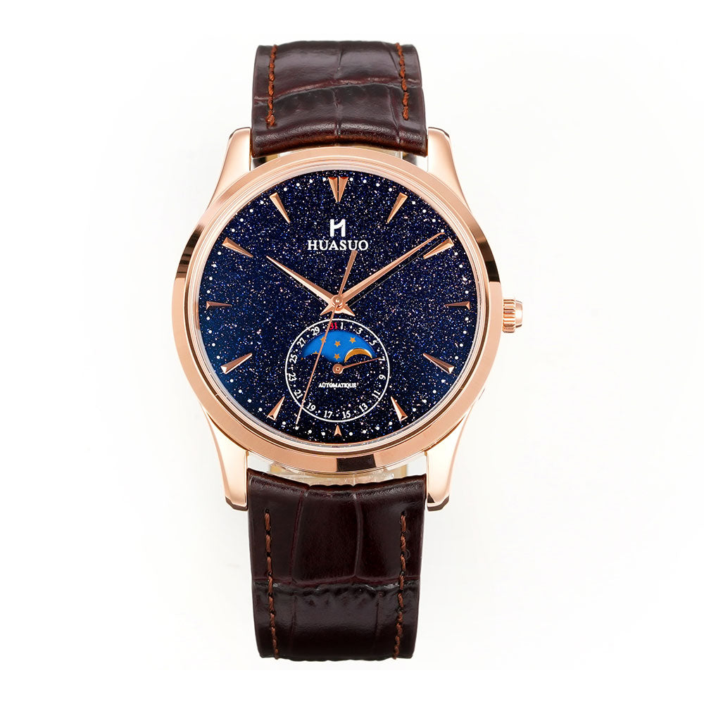 HUASUO 39mm Luxury Aventurine Moon Phase Men's Watches