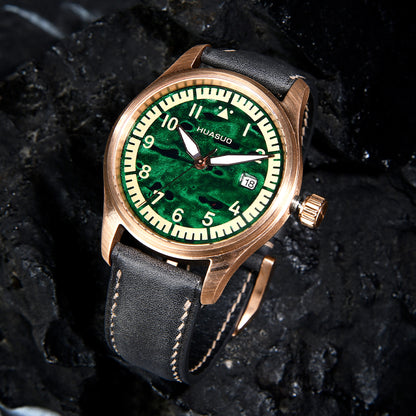 HUASUO 38mm Luxury Bronze Lacquerware Pilot Men's Watch