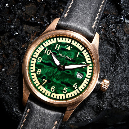 HUASUO 38mm Luxury Bronze Lacquerware Pilot Men's Watch