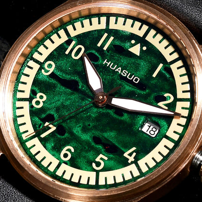 HUASUO 38mm Luxury Bronze Lacquerware Pilot Men's Watch
