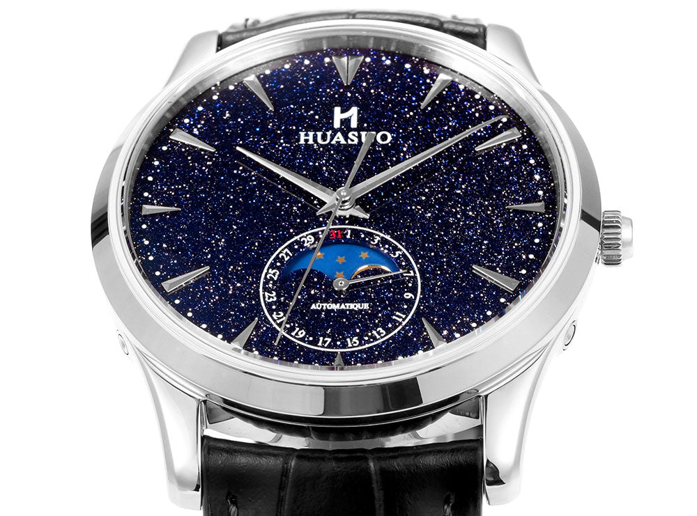 HUASUO 39mm Luxury Aventurine Moon Phase Men's Watches