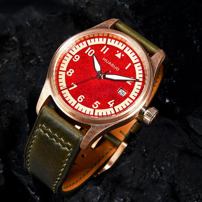 HUASUO 38mm Luxury Bronze Lacquerware Pilot Men's Watch
