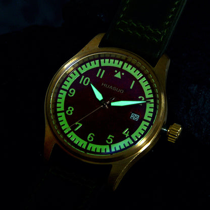HUASUO 38mm Luxury Bronze Lacquerware Pilot Men's Watch