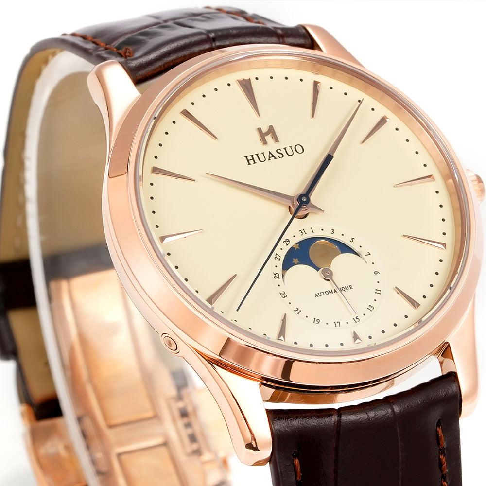 HUASUO 39mm Luxury Aventurine Moon Phase Men's Watches