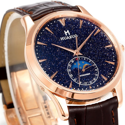 HUASUO 39mm Luxury Aventurine Moon Phase Men's Watches