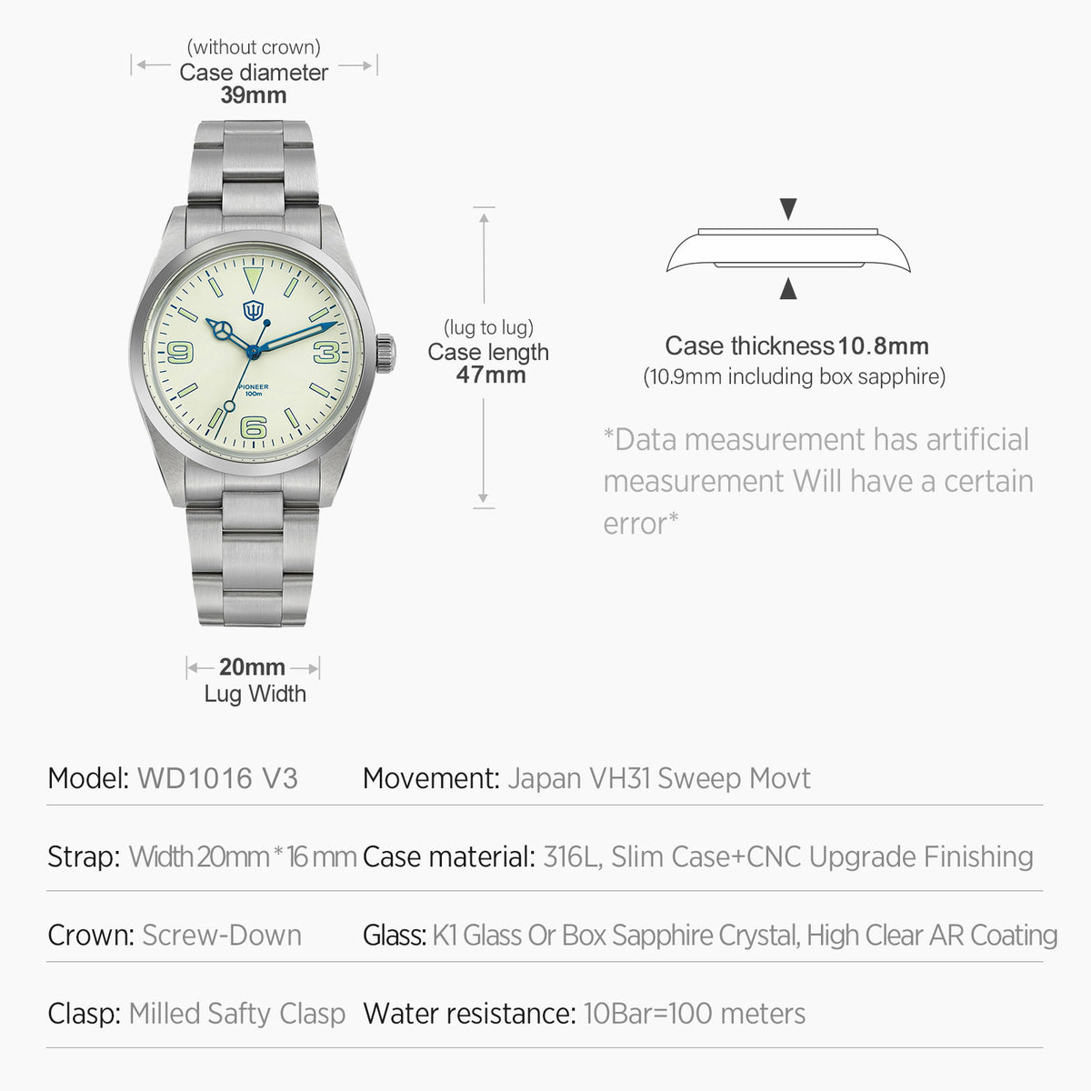 Watchdives WD1016 39mm VH31 Explore Men Watch
