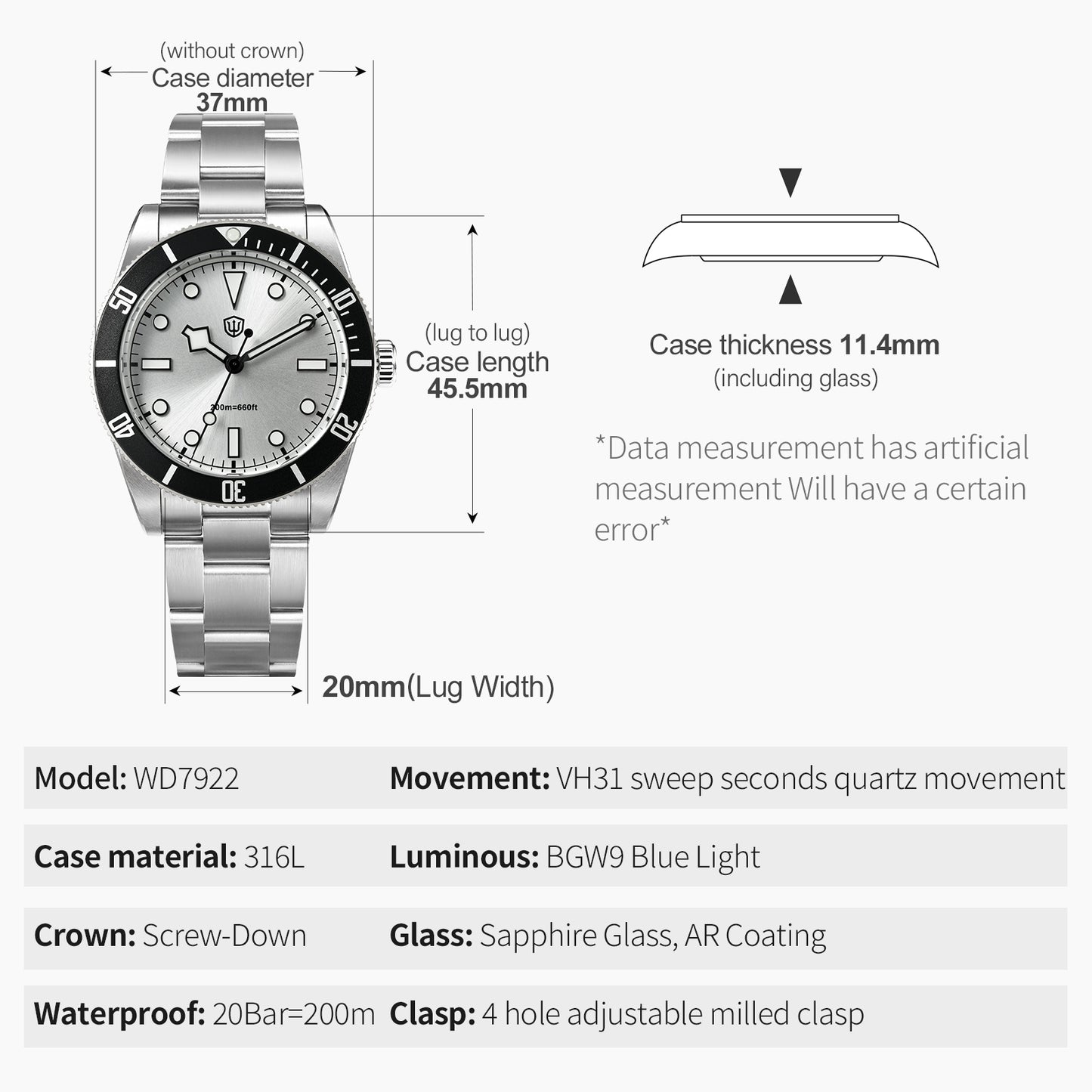 Watchdives WD7922 37mm VH31 Watch