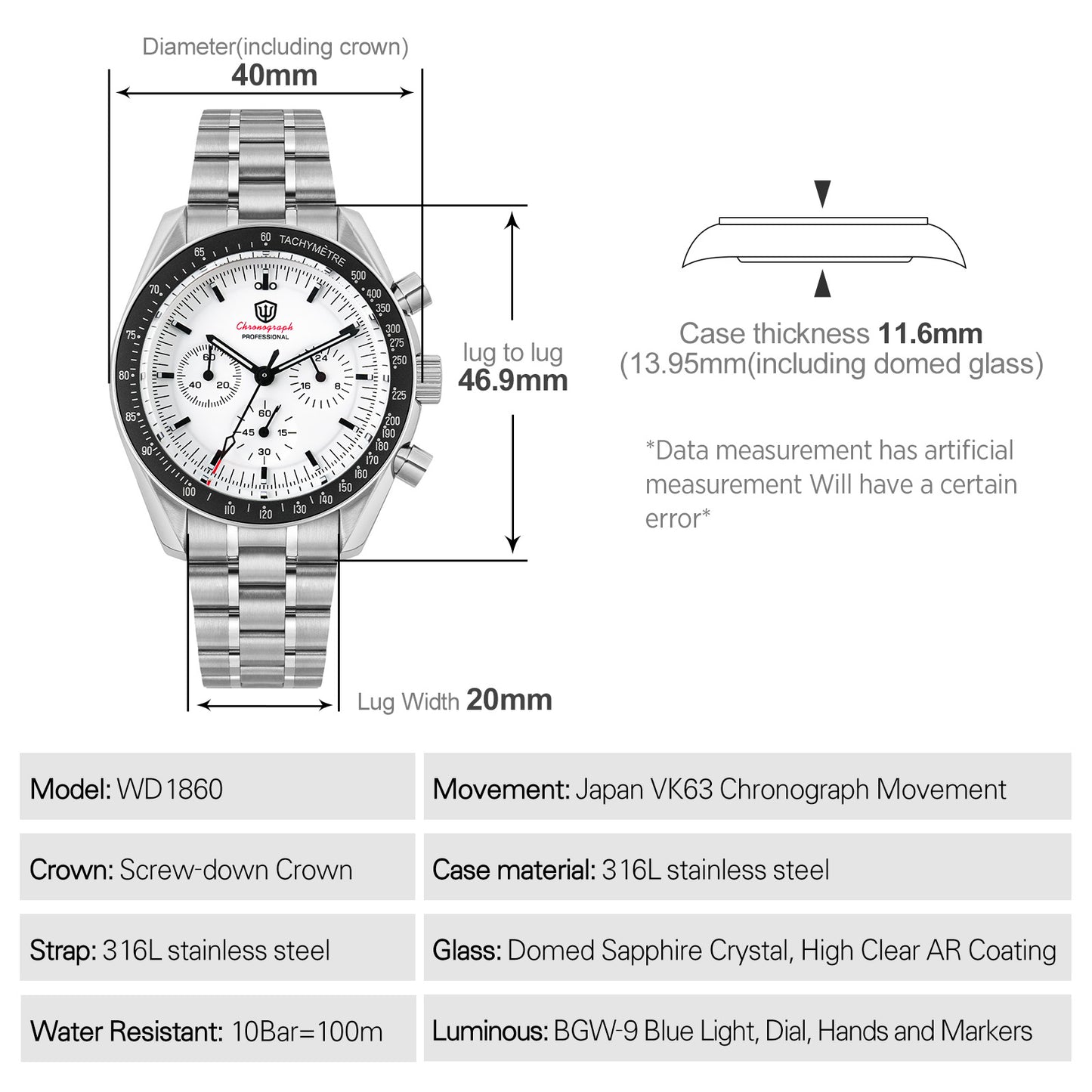 Watchdives 40mm WD1860 VK63 Chronograph Watch