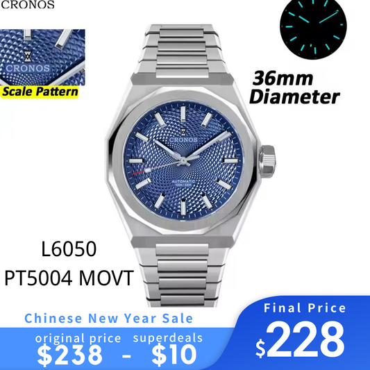 Cronos 2026 NEW 36mm Automatic PT5004/Miyota 90s5 See-through Back Watch L6050M L6051M