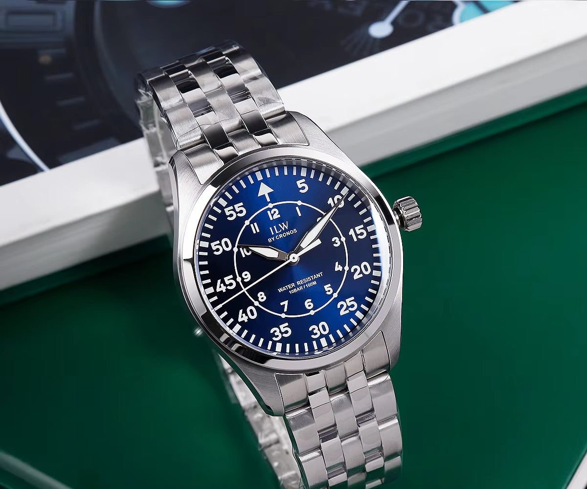 Cronos Pilot Flieger Watch 39mm VH31 Quartz Men's Watch Stainless