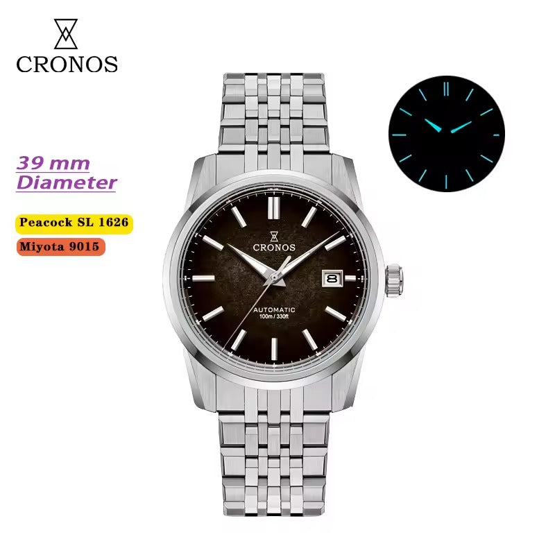 Cronos 39mm Automatic Men’s Watch Frosted Enamel Dial Miyota 9015 / Peacock SL1626 Movement H-Link Bracelet L6058