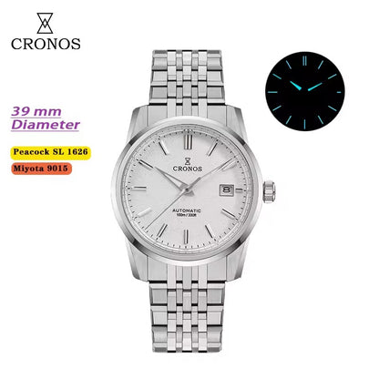 Cronos 39mm Automatic Men’s Watch Frosted Enamel Dial Miyota 9015 / Peacock SL1626 Movement H-Link Bracelet L6058