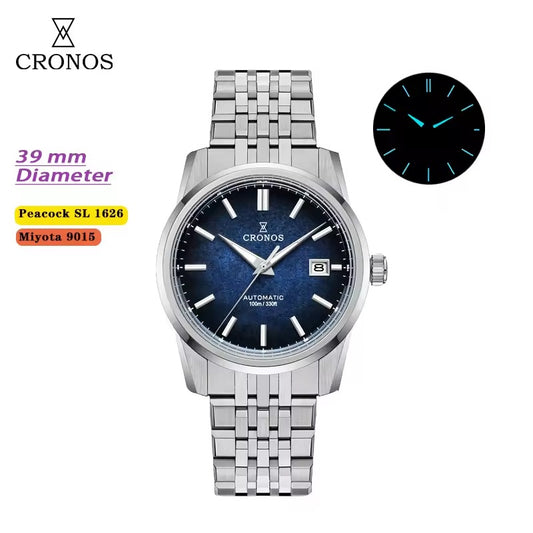 Cronos 39mm Automatic Men’s Watch Frosted Enamel Dial Miyota 9015 / Peacock SL1626 Movement H-Link Bracelet L6058