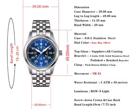 Cronos Pilot Flieger Watch 39mm VH31 Quartz Men’s Watch Stainless Steel Sapphire Crystal  L6057M