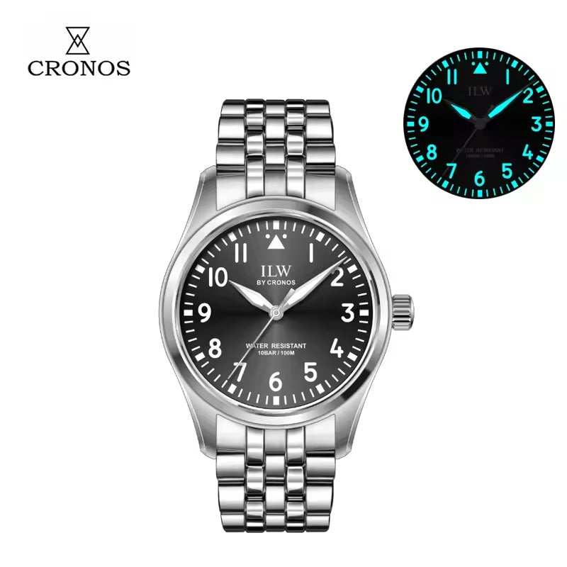 Cronos Pilot Flieger Watch 39mm VH31 Quartz Men’s Watch Stainless Steel Sapphire Crystal  L6057M