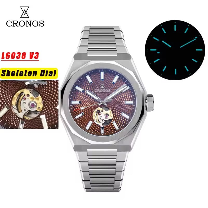 Cronos New 39mm Skeleton Dial Miyota 90S5 See-through Caseback Men Automatic Watch L6038M