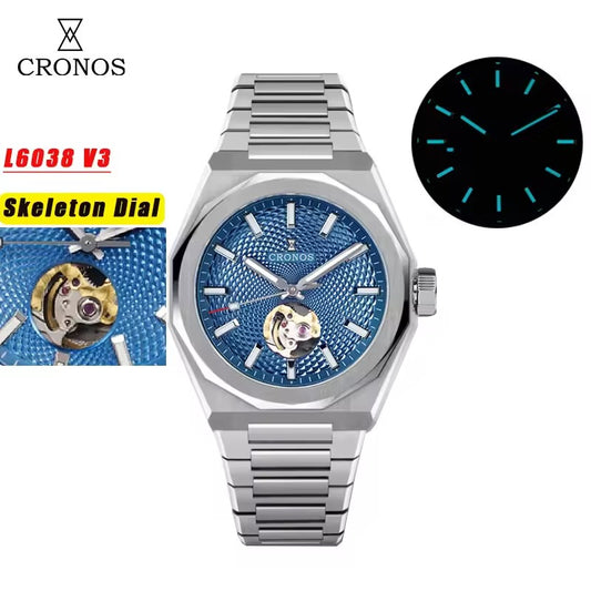 Cronos New 39mm Skeleton Dial Miyota 90S5 See-through Caseback Men Automatic Watch L6038M