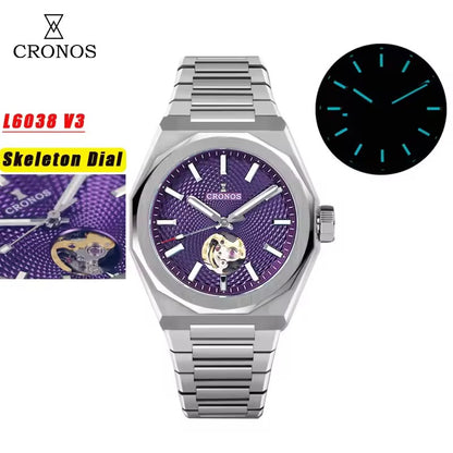 Cronos New 39mm Skeleton Dial Miyota 90S5 See-through Caseback Men Automatic Watch L6038M