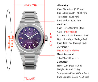 Cronos 2026 NEW 36mm Automatic PT5004/Miyota 90s5 See-through Back Watch L6050M L6051M