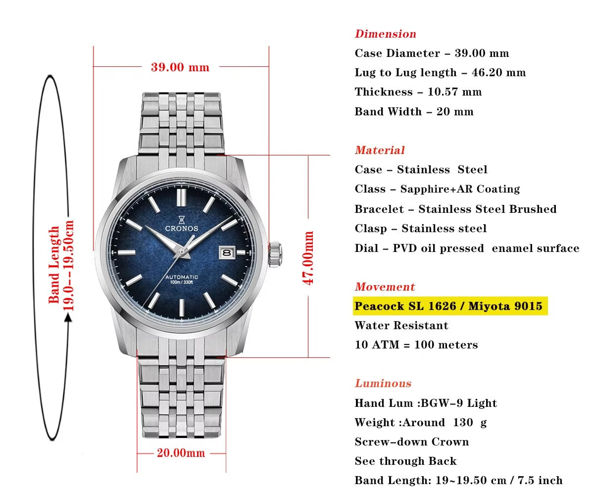 Cronos 39mm Automatic Men’s Watch Frosted Enamel Dial Miyota 9015 / Peacock SL1626 Movement H-Link Bracelet L6058