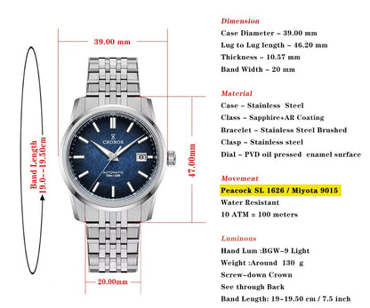 Cronos 39mm Automatic Men’s Watch Frosted Enamel Dial Miyota 9015 / Peacock SL1626 Movement H-Link Bracelet L6058