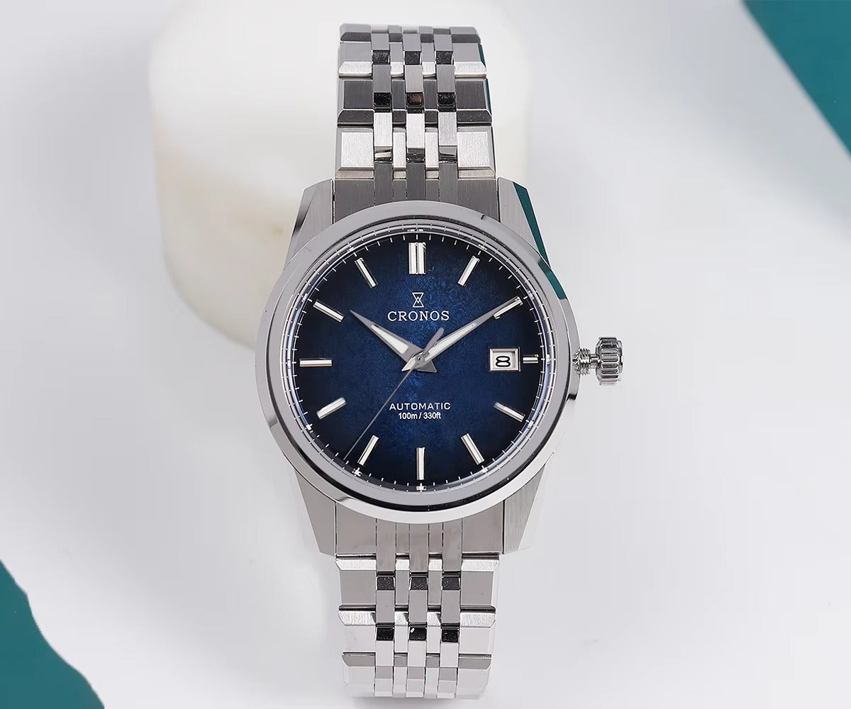Cronos 39mm Automatic Men’s Watch Frosted Enamel Dial Miyota 9015 / Peacock SL1626 Movement H-Link Bracelet L6058